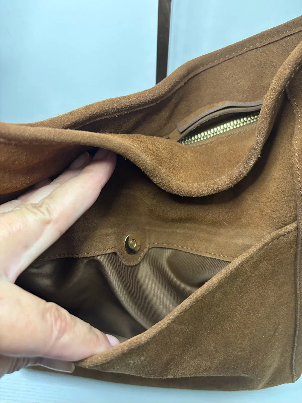 Cognac Brown Suede Leather Bohemian Hobo Crossbody Multi Gold Zipper Purse Bag
